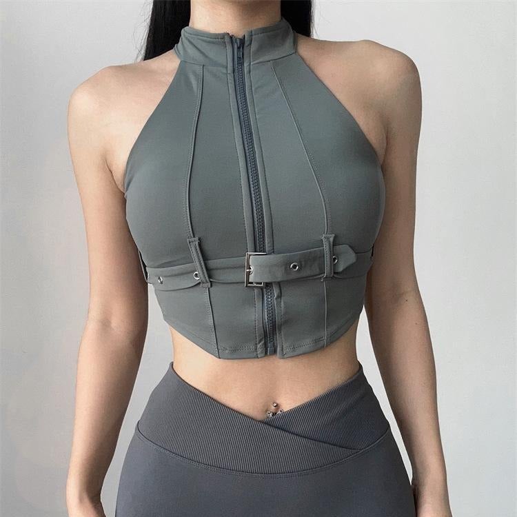 Motorcycle Style Sports Vest With Chest Pad Fitness Top Yoga Clothes Training Clothes Spice Girls Sleeveless Buckle - Image 2